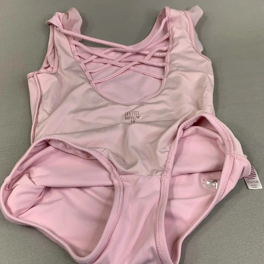 JUSTICE Active Girl's One Piece Flutter Cap Sleeves Swimsuit Baby Pink Size 14 - Picture 6 of 12